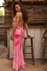 Cowl-Neck Hardware-Detail Maxi Dress in Pink Orchid Print